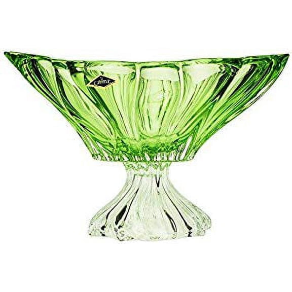 Q043-52, 13'' Elegant Footed Centerpiece Bowl with Geometrical Crystal Hand Cut Design, Uniquely Designed Home Decor Vintage Deep Fruit Platter with Scalloped Edges, Decorative Deep Dish