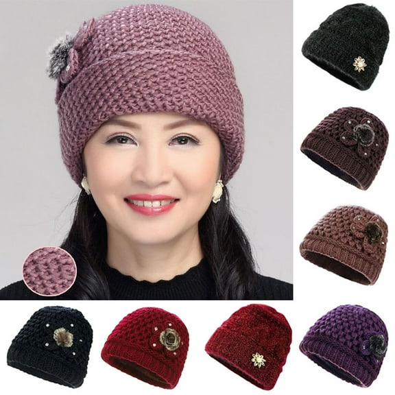 Winter Hats for Women Floral Knitted Beanie Hats Warm Ladies Caps and Hats Middle Aged and Old Women Head Wear Knitted Hat for Winter Outdoor