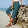 thumbnail image 5 of Womens Summer Wide Leg Cottton Linen Capri Pants Casual Elastic Waist Side Button Beach Vacation Pants with Pockets, 5 of 6
