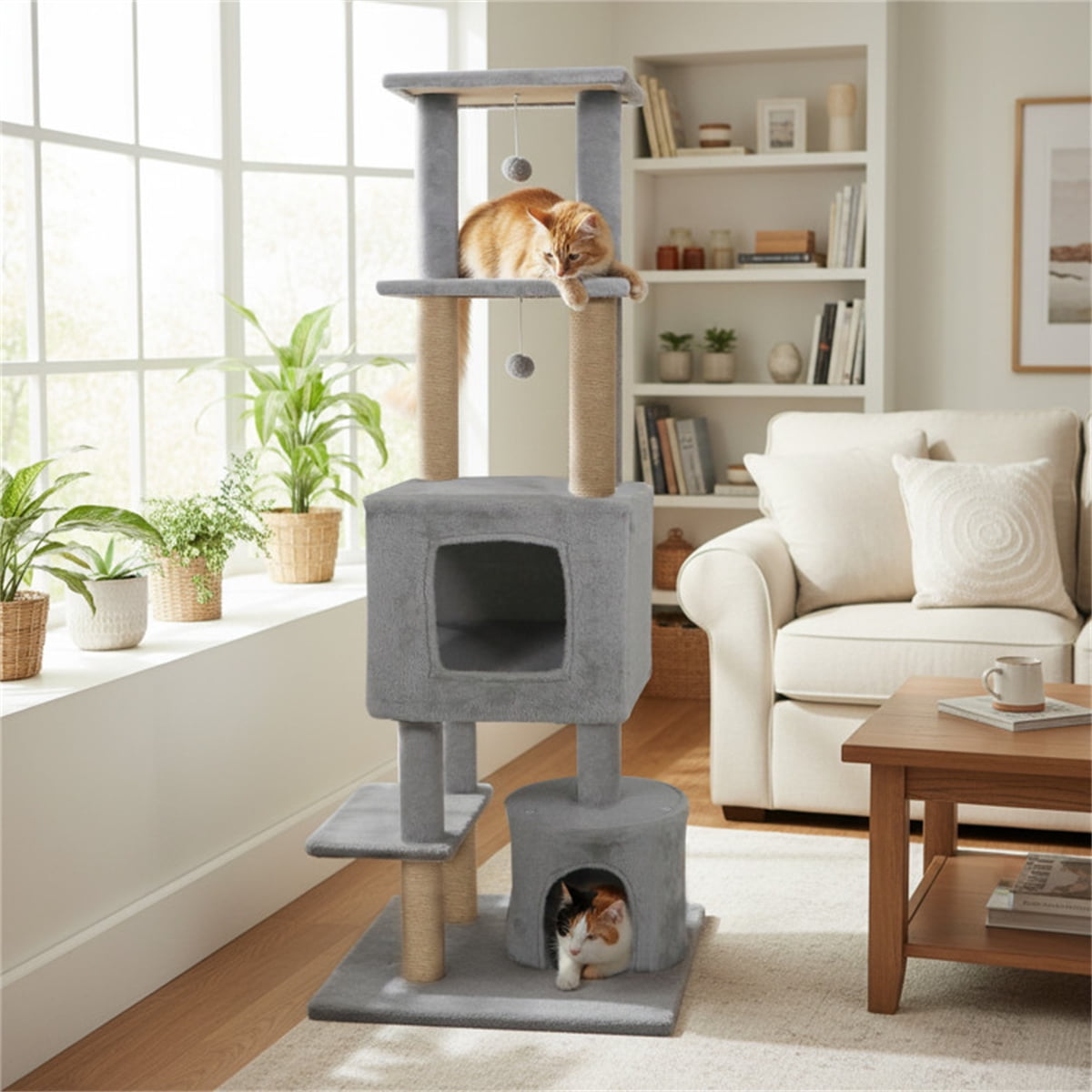 Light Gray 64 Inch Cat Tower with Plush Perches 3 Dangling Balls Jute Scratching Posts and Anti Tipping Device for Multi Cat Households