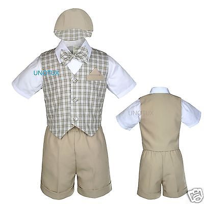 New Infant Boy & Toddler Wedding Bow tie checks Shorts Vest Suit S M L- 4T