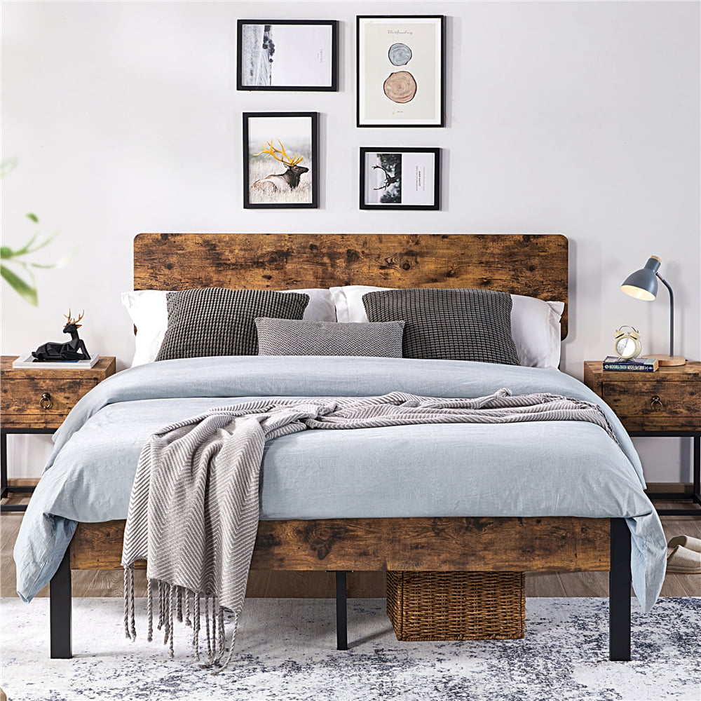 Easyfashion Black Metal Queen Bed With, Brown Wood Bed Frame