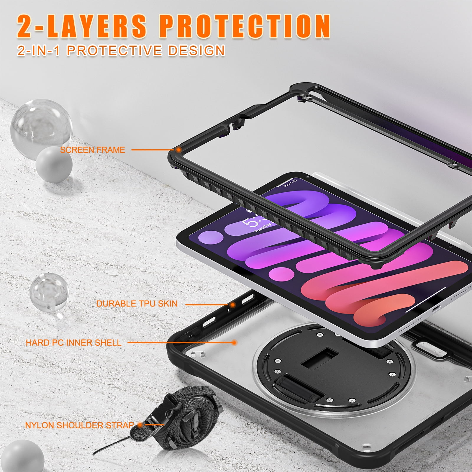 Shockproof Case for Apple iPad mini 6/7, iPad mini 6th 7th Gen Cover, 360 Rotating Stand Translucent Back Cover Shockproof Adjustable Shoulder Strap Kids Friendly with Pencil Holder, Black