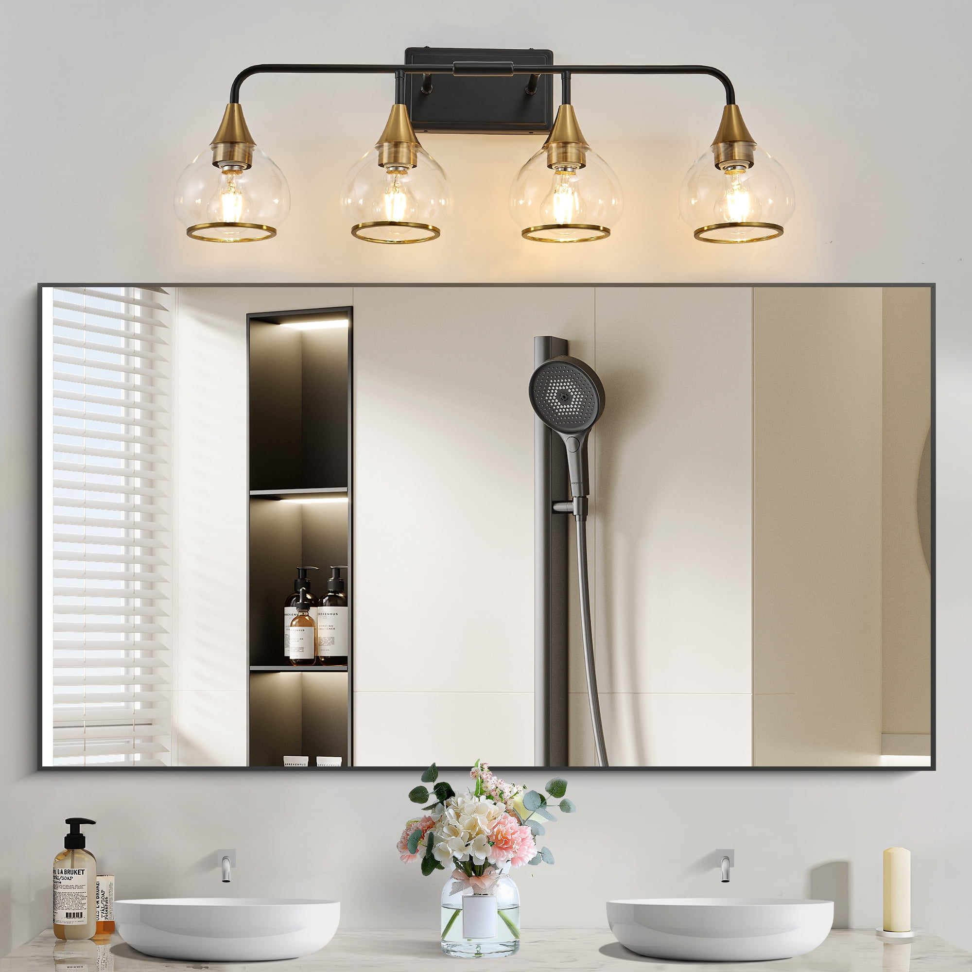Art Deco 4-Light Vanity Light Fixture,  Bathroom Fixture with Clear Glass Shades, Black and Gold, 31 Inch Modern