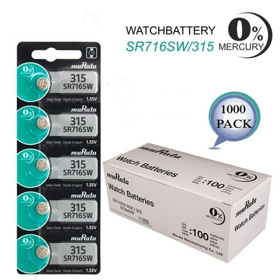 1000 pcs 315 MURATA Watch Batteries SR716SW SR716 0% MERCURY Wholesale Pack