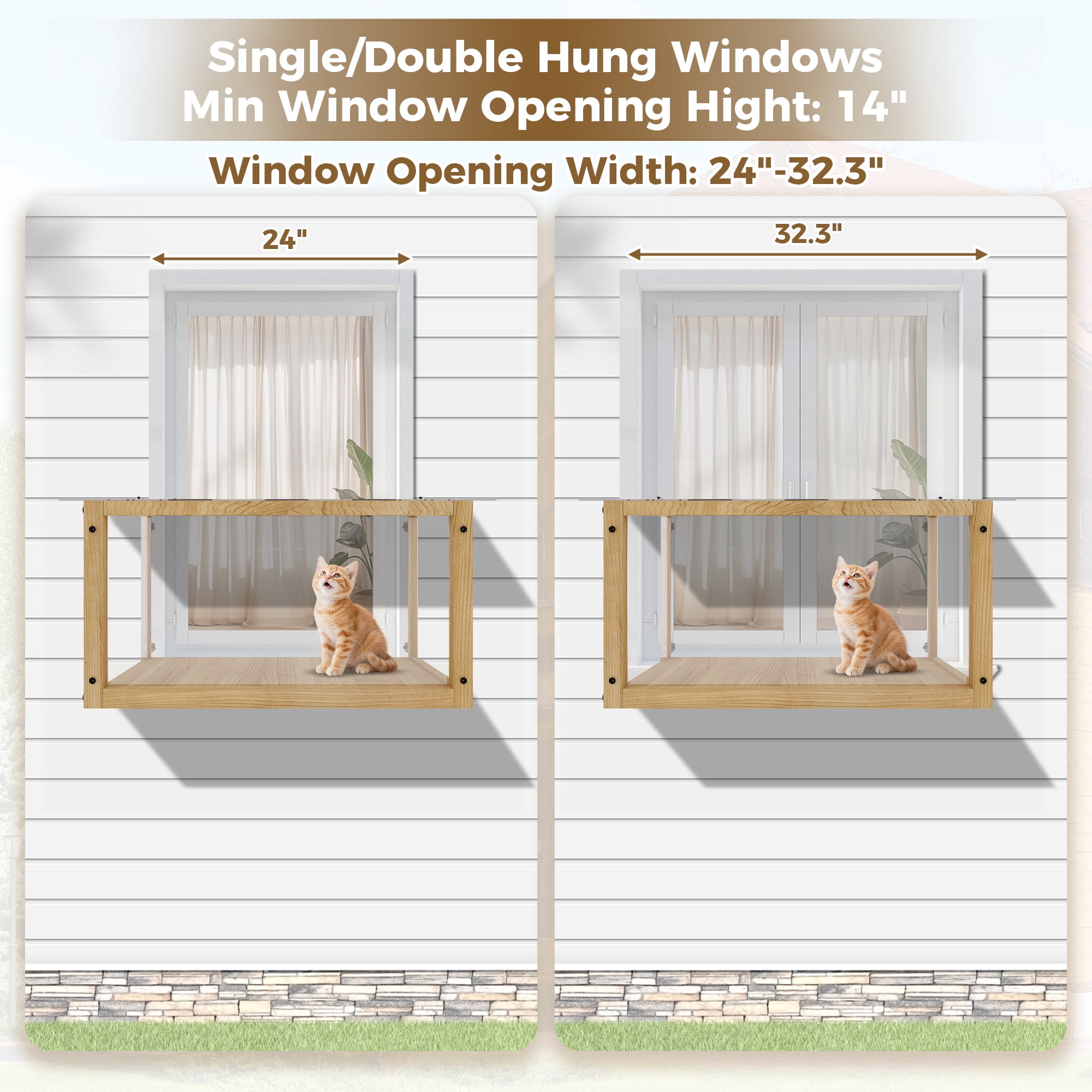 Waterproof Window Cat Perch Catio, Wood Cat Window Box, Window Catio for Indoor Cats Single Hanging Window with an Inner Diameter of The Window Frame with A Net Opening Width of 24-35 in