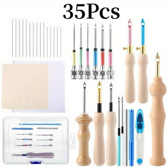 35 pcs Punch Needle Kit, Punch Needle Tool Adjustable Punch Needle Embroidery Kits Include Wooden Handle Embroidery Pen Set, Big Eye Needles, Punch Needle Cloth - Valentines Gifts for Adults Beginne