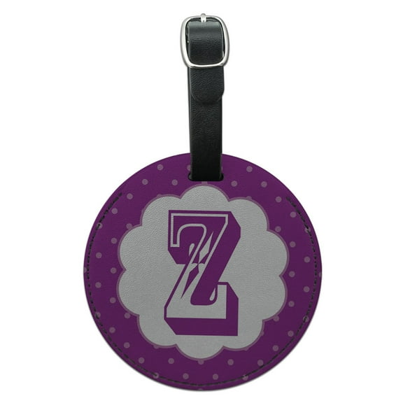 Letter Z Initial Flower Purple Round Leather Luggage ID Tag Suitcase Carry-On
