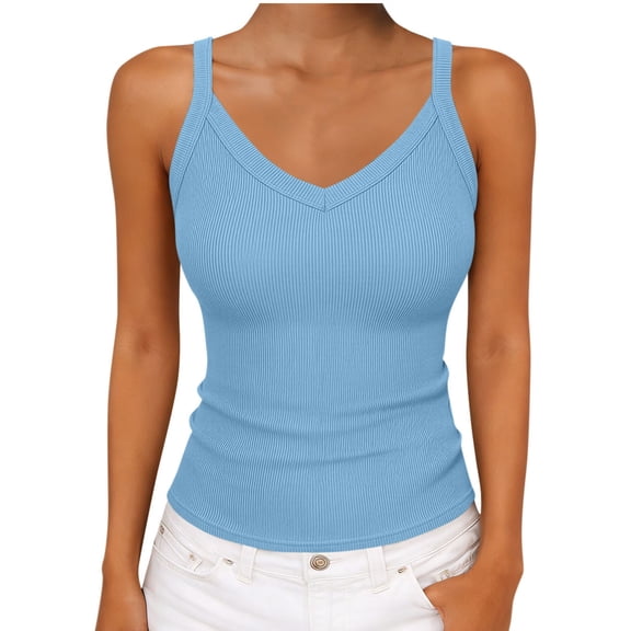 Stamzod Tank Tops for Women Spaghetti Strap V-Neck Ribbed Top Slim Fitted Soft Camisole Basic Layering Shirts Light Blue XL