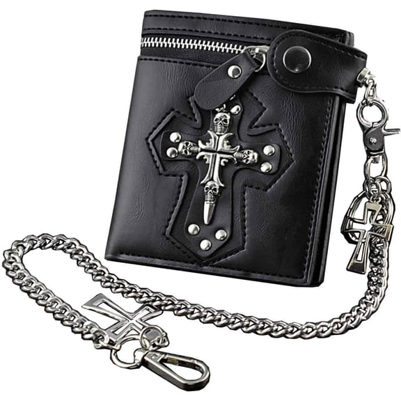 Mens Gothic Cross Clasp Leather Wallet with Antique Biker Chain Black