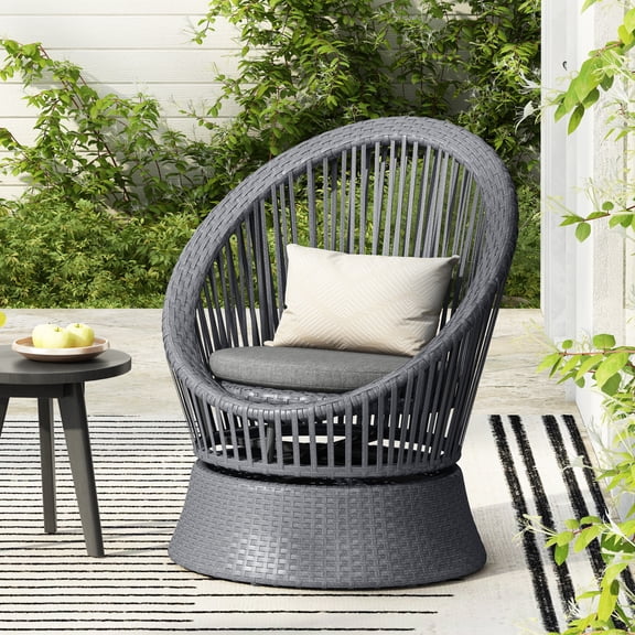 Miekor Furniture 26.7" Modern Gray Swivel Wicker Lounge Chair with Rattan and Iron Frame, Featuring a Stylish Round Design, Perfect for Living Room, Patio, or Balcony Relaxation 38998