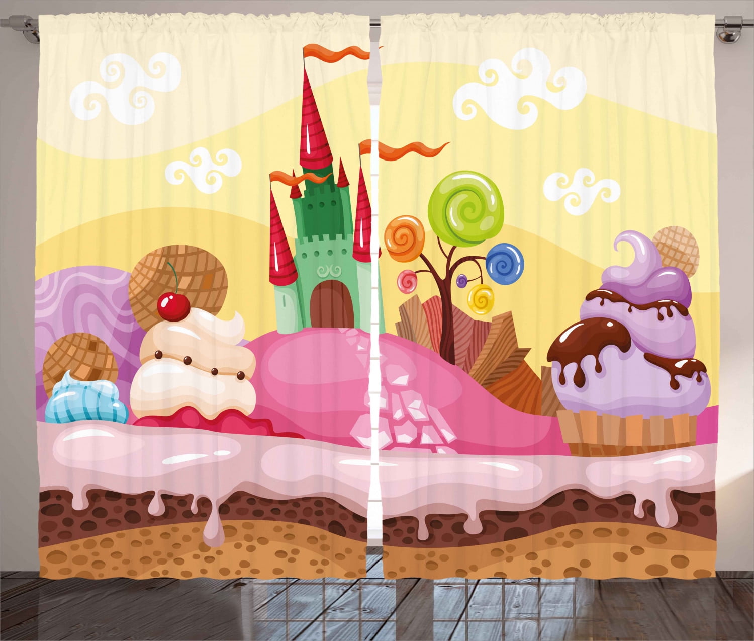 Cartoon Decor Curtains 2 Panels Set Kids Sweet Castle Landscape
