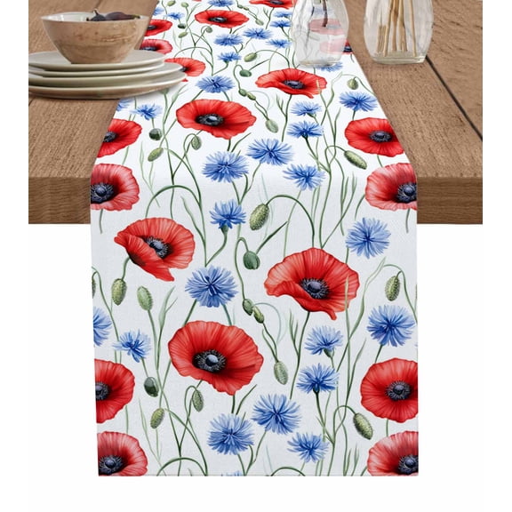 Boanket 4th of July Flower Table Runner - 72 Inch Long, Kitchen Dining Table Runner Dresser Scarves, Patriotic Red Blue Poppy Floral Farmhouse Decor for Coffee Tables Wedding Party Banquet