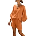 thumbnail image 3 of Lcziwo Women's Cotton Linen 2 Piece Sets Elegant Beach Vacation Outfits Batwing Sleeve V Neck Shirts with Drawstring High Waist Shorts Orange,S, 3 of 9