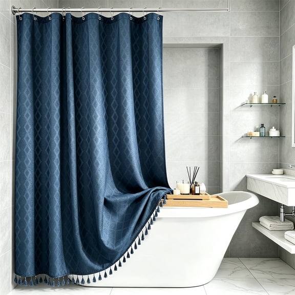 LVRLVR 1Pc Diamond Jacquard Shower Curtain Set, Heavyweight Polyester, Tassel & Hookless 2 Styles, Bathroom Curtain with Liner or Hooks