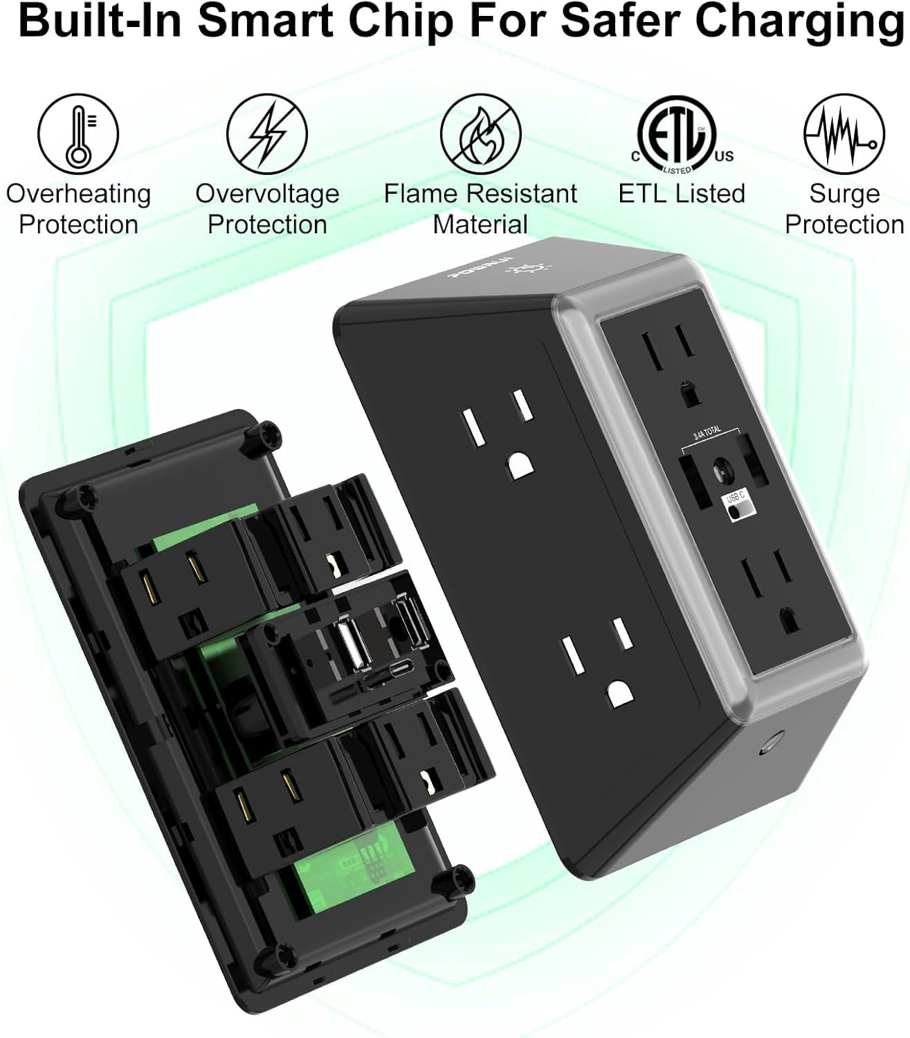 JJEAN-Outlet Extender Power Strip, 6 AC Surge Protector Outlets with 3 USB Ports (1 USB C) and Night Light, 3-Sided Multi Plug Wall Outlet with Spaced Outlets - Black, ETL Listed