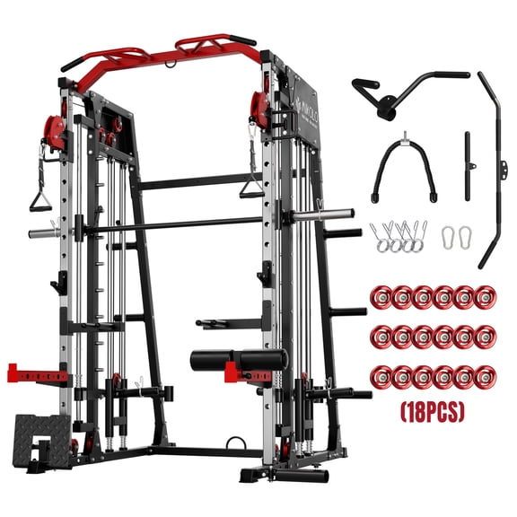 Mikolo Smith Machine with 18PCS Aluminum Pulley, 2200 lbs Power Rack Cage with Cable Crossover, Weight Bar, 360 Landmine  and Other Attachments, Total Body Strength Training Cage