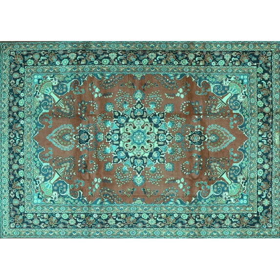 Ahgly Company Machine Washable Indoor Rectangle Medallion Turquoise Blue Traditional Area Rugs, 5' x 7'