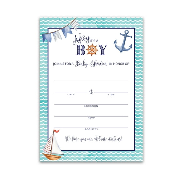 NAUTICAL Baby Shower INVITATIONS — Pack of 25 — BABY BOY Blank Fill-in Baby Shower INVITES, Ahoy it’s a Boy, Rustic Navy Blue Anchor, Sail Boat, Couples Shower Co-ed Shower Invitation Coed I807-INV1