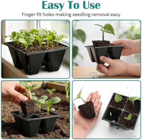 RibRave 40 Pack Reusable 4-Cell Seed Starter Tray for Seedlings, Deep Large Cell Plant Starter Trays with Drainage Holes for Seed Germination, Easy Transplant, Fits Standard 1020 Flats, Black