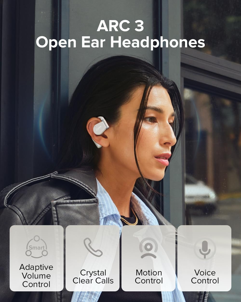Cleer ARC3 Open Ear True Wireless Earbuds with Secure Earhooks, Water Resistant IPX7, Built-in Microphone, Grey
