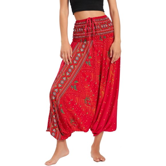 Women's Baggy Harem Pants Indian Hippie Floral Smocked Waist Bohemian Yoga Pants