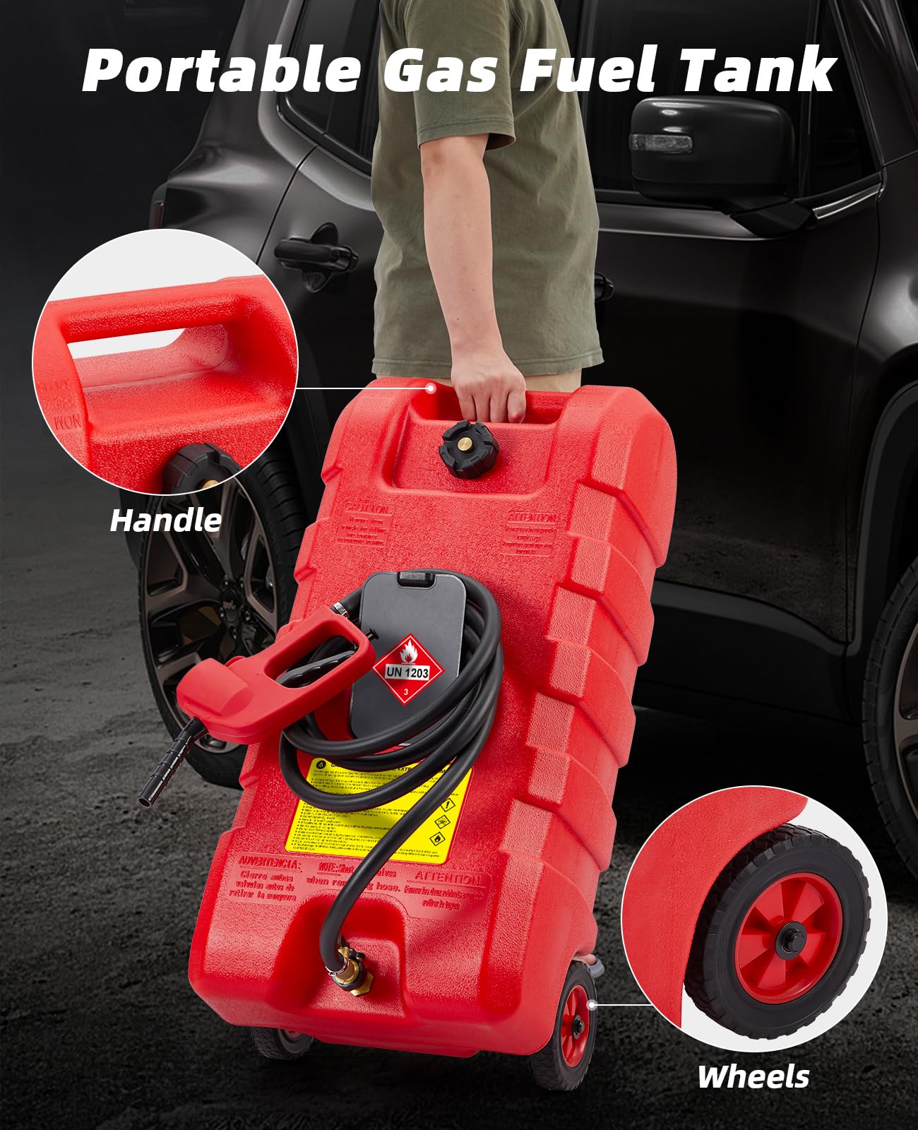 2025 New Fuel Caddy 15 Gallon, Portable Gasoline Tank Container With Manual Fuel Transfer Pump, 10ft Long Hose & Wheels, Portable Gas Tank for Cars, Lawn Mowers, Boats