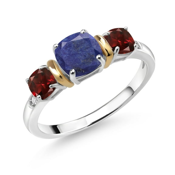 Gem Stone King 1.88 Ct Cushion Blue Lapis Red Garnet 925 Silver and 10K Yellow Gold Diamond 3-Stone Ring (Size 9)