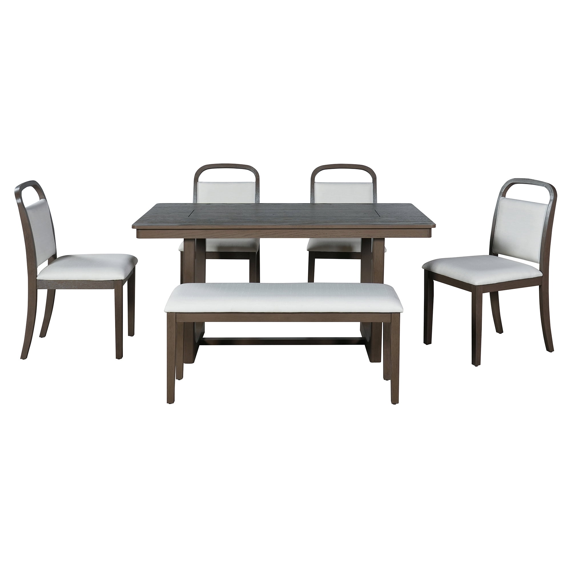 Euroco Farmhouse 6-Piece Dining Table Set for 6, Wood Rectangular Kitchen Table with 4 Upholstered Chairs & 1 Bench for Dining Room, Kitchen,Brown