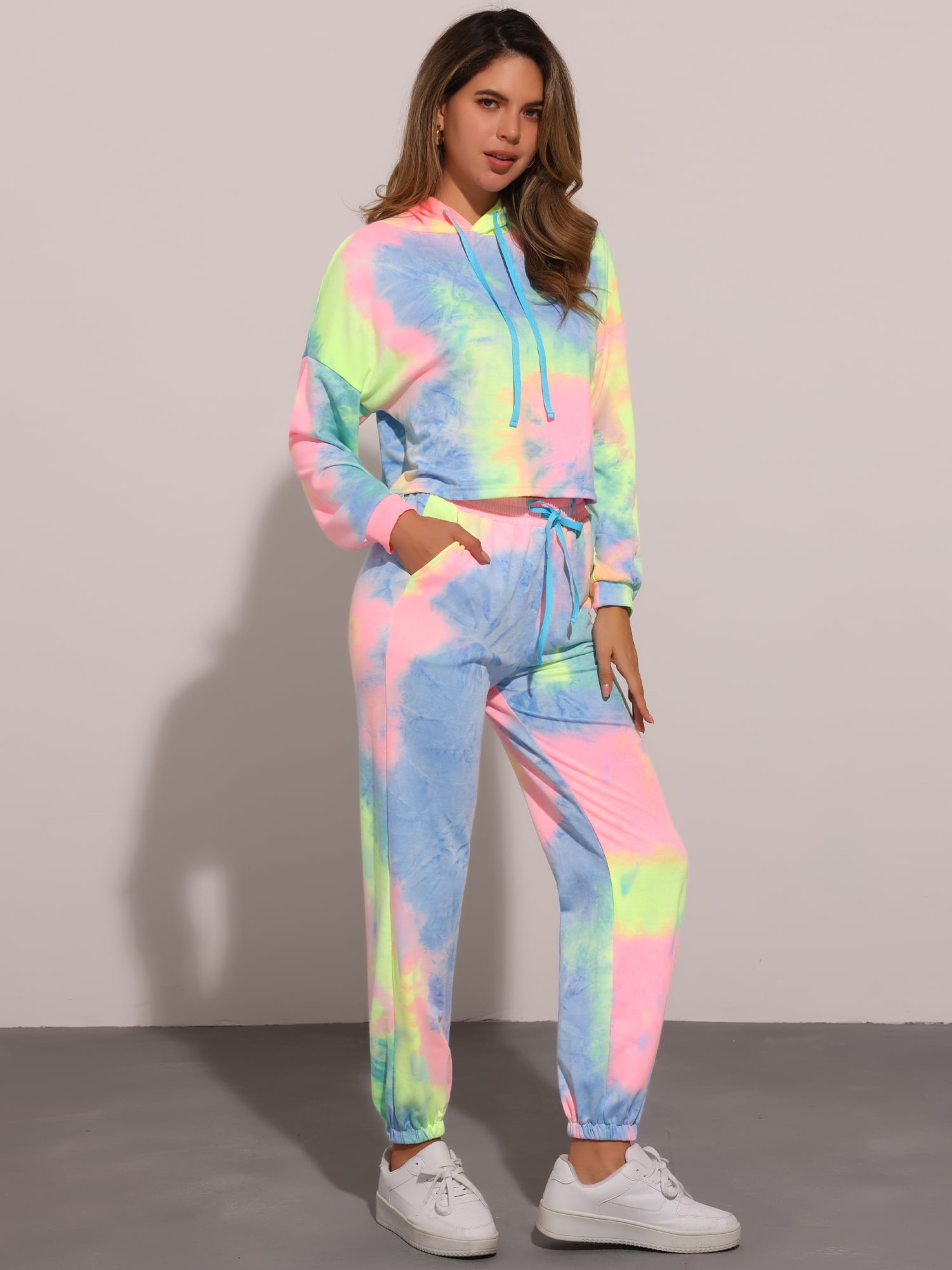 DARING DIVA Women's 2 Piece Tie Dye Hoodie Drawstring Sports Outfit L Yellow Blue