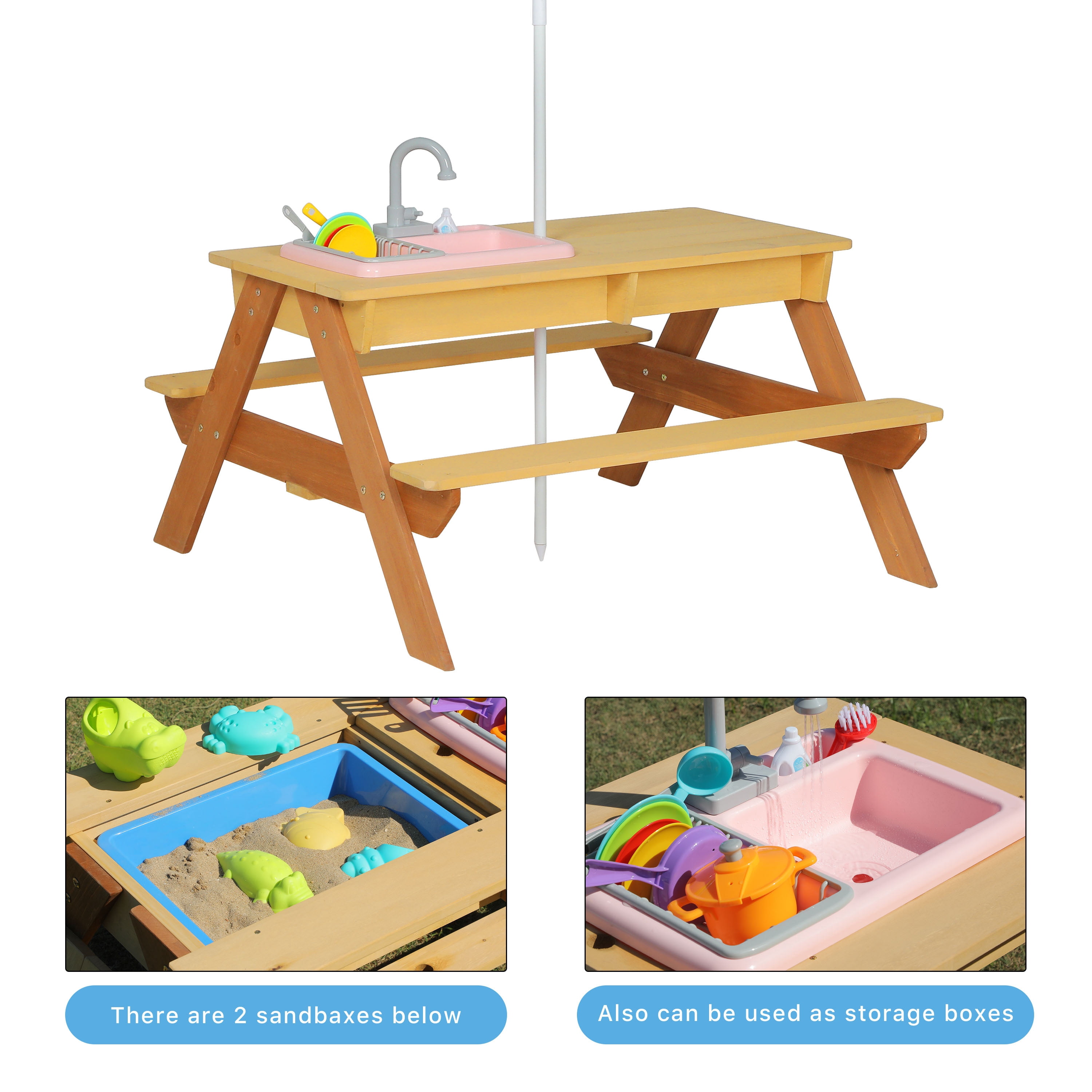 CQSXDA Versatile Wooden Kids Picnic and Sand Water Table with Umbrella for Outdoor Activity in Your Patio Area