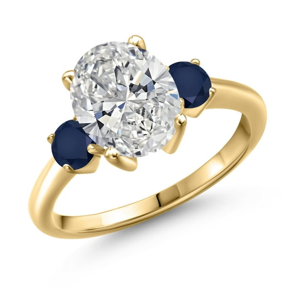 2.70 cttw IGI Certified Lab Grown Diamond and Blue Sapphire 3-Stone Engagement Ring for Women | 18K Yellow Gold Plated Silver | Center 2.00 Ct Diamond | E-F Color | VS1-VS2 Clarity | Size 6