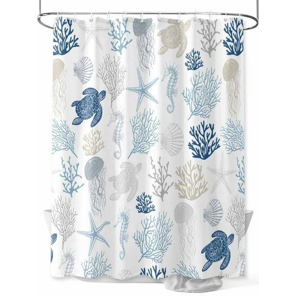 Navy Blue Coastal Standard Shower Curtain Set, Waterproof Shower Curtains for Bathroom, Nautical Summer Beach Coral Sea Turtle Washable Fabric Cloth Bath Curtain for Bathtub with Hooks 72x72 Inches