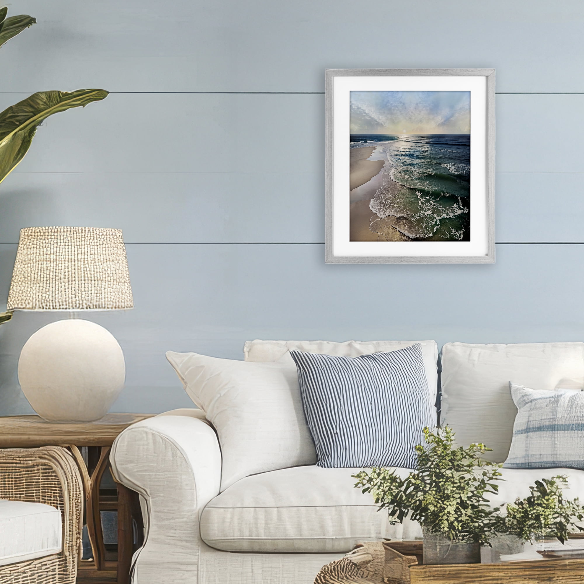 Stupell Industries Tranquil Shoreline with Soft Light Gray Framed Print Under Glass, design by Mike Calascibetta