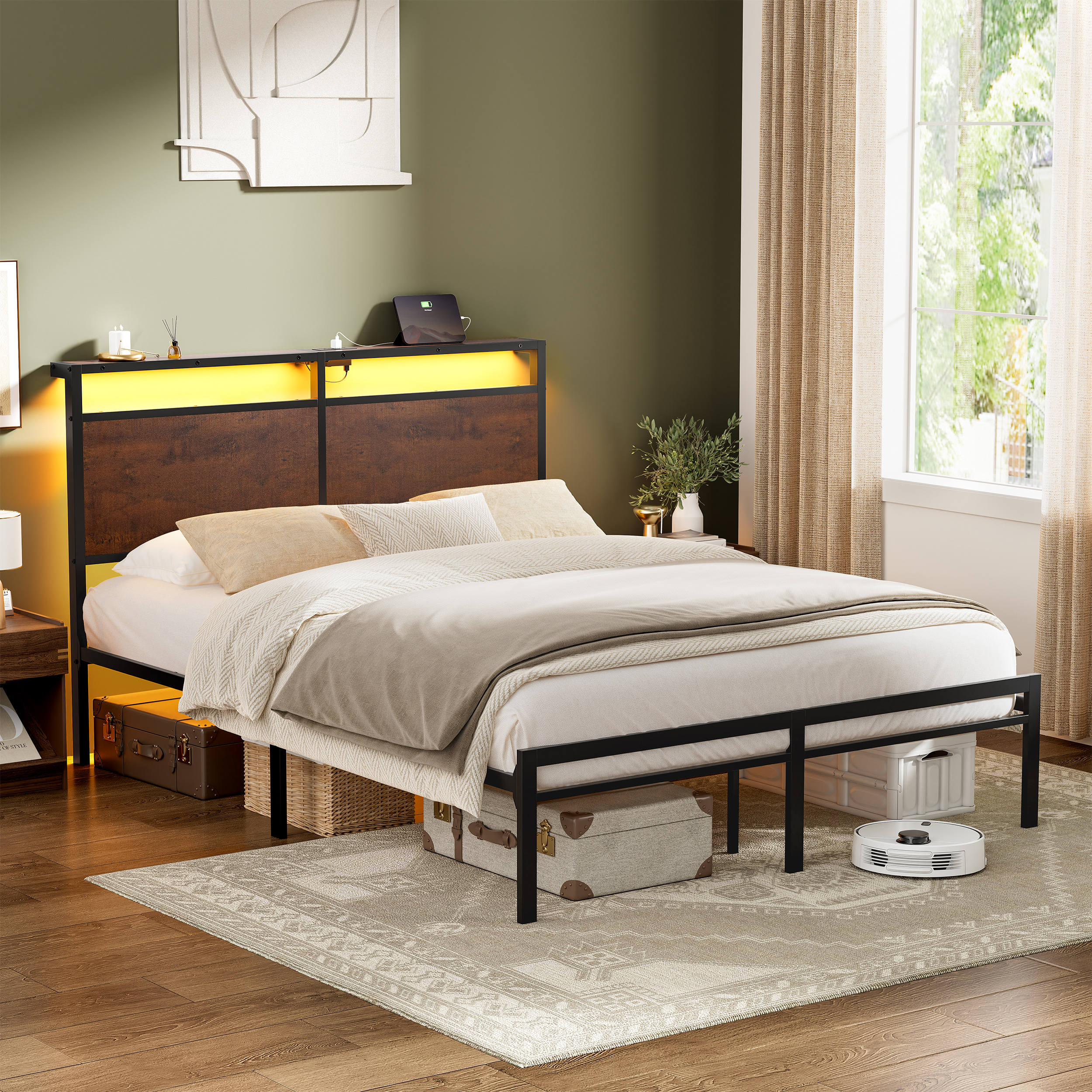 GUNAITO Full Size Bed Frame with Headboard Metal Platform Bed with LED Lights and Charging Station, Rustic Brown