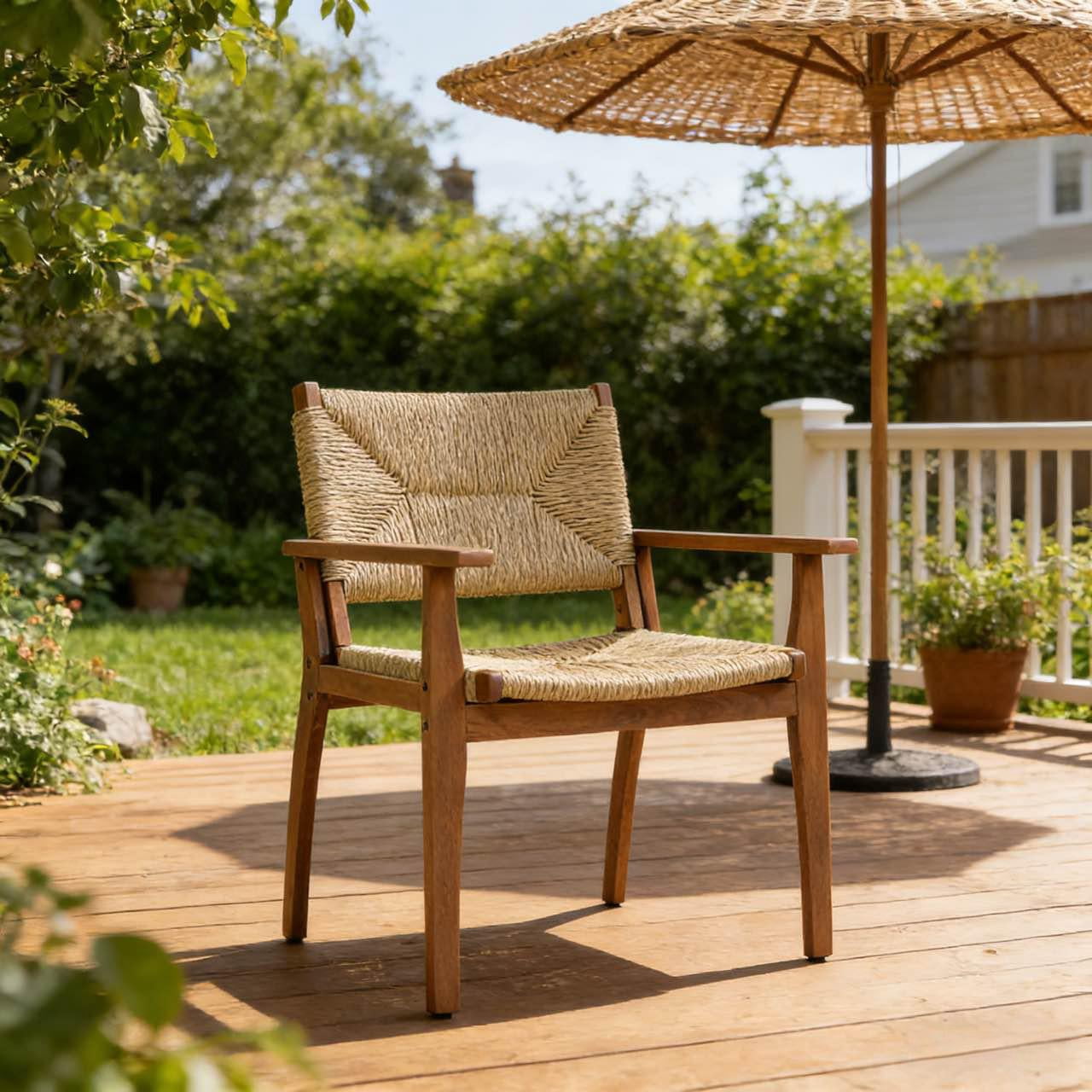 Dining Chair, Outdoor Acacia Wood Frame Handwoven Wicker Seat Chair for Patio Garden, Teak