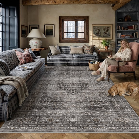 BERTHMEER 8'x10' Area Rugs for Living Room Bedroom Vintage Brown Carpets Kitchen Office Machine Washable Farmhouse Dining Room Oriental Rugs Non Slip Traditional Distressed Rugs