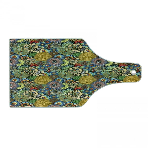 Garden Art Cutting Board, Whimsical Florist Pattern with Doodle Funny Plants Rich Summer Nature, Decorative Tempered Glass Cutting and Serving Board, Wine Bottle Shape, Multicolor, by Ambesonne