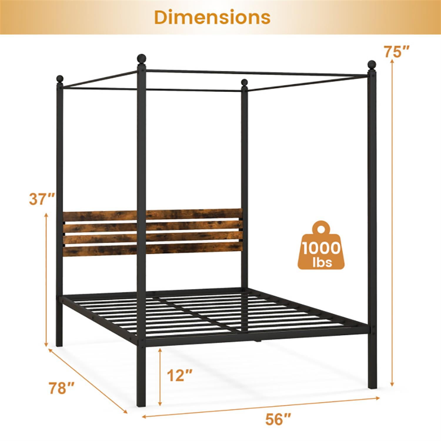 Demi Bonn Full Size Canopy Metal Platform Bed Frame with Under Bed Storage, Steel Slat Support, No Box Spring Needed, Black