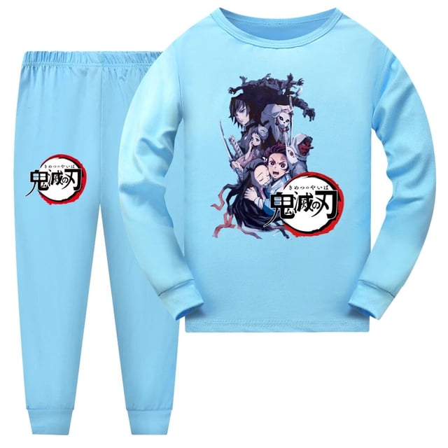 Conjunto de pijamas de dibujos animados para niños y niñas, ropa de dormir informal de manga larga, con diseño de Demon Slayer, para primavera