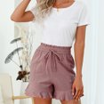 thumbnail image 4 of RYRJJ Womens Ruffle Flowy Shorts High Waisted Wide Leg Drawstring Summer Striped Beach Shorts with Pockets(Wine,L), 4 of 9