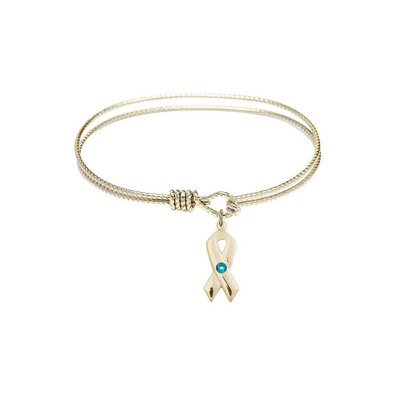 7 1/4 inch Oval Eye Hook Bangle Bracelet w/ Cancer Awareness medal charm w/ December Blue Swarovski Crystal