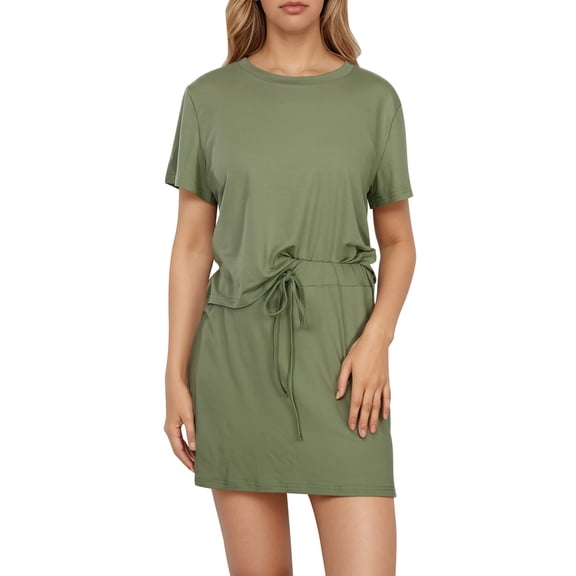 DHFJKG Womens Summer 2 Piece Outfits Casual Skirt Sets Short Sleeve Basic Tee Shirt And Drawstring Mini Skirts Matching Jogger Set Stylish Outfit