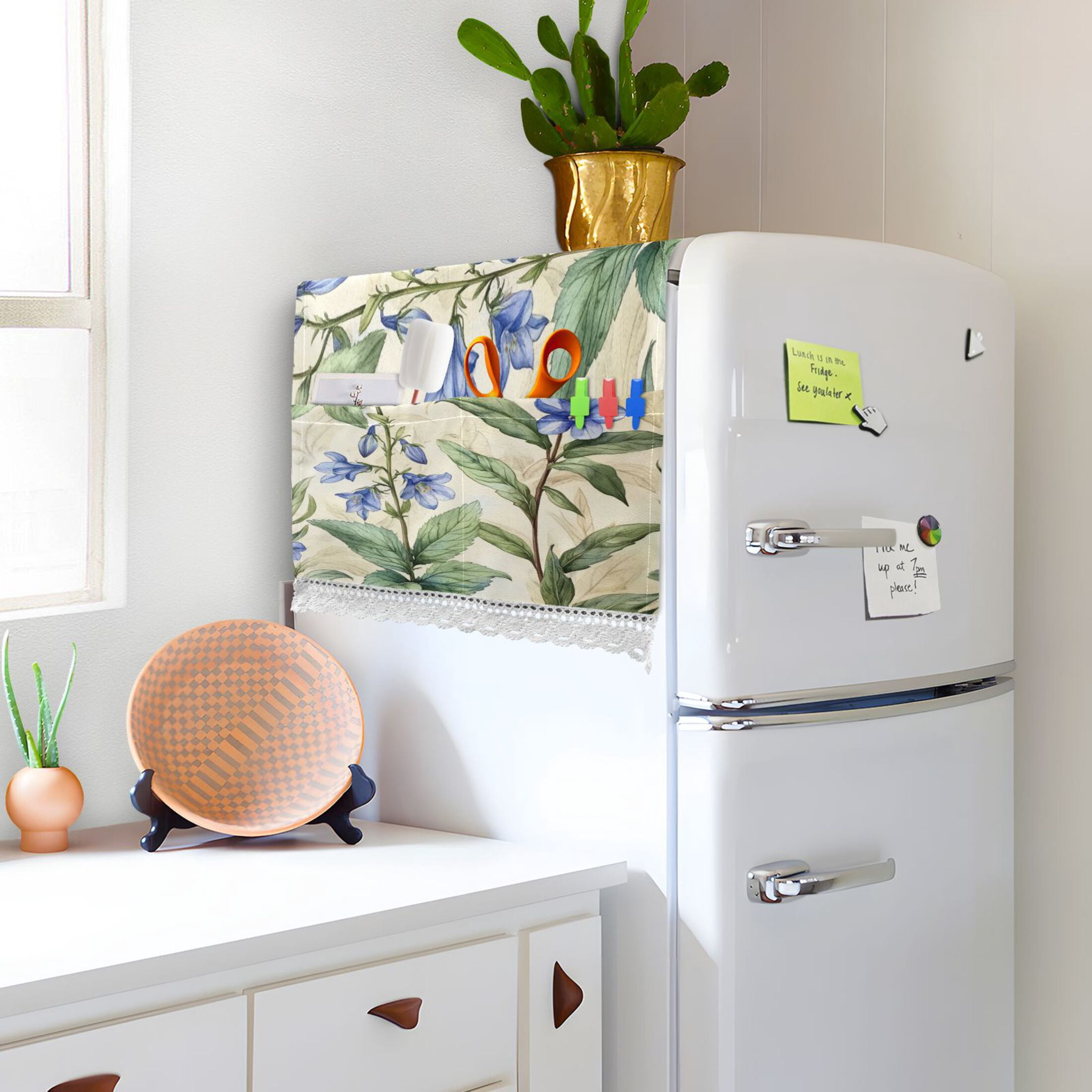 Blue FlowersWasher and Dryer Covers Dust-Proof and Oil Resistant Fridge Cover with 4 Storage Pockets Washing Machine Top Cover for Laundry Kitchen Home 51.2 x 22 In
