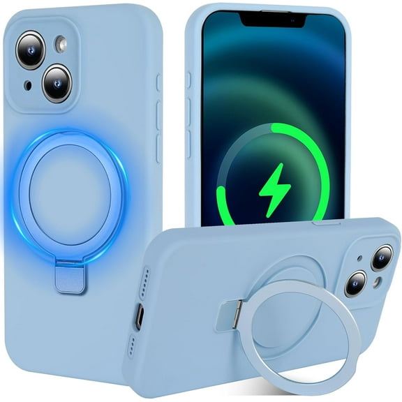 with Magnetic Invisible Stand Phone Case for iPhone 13 6.1 inches, Silicone Compatible with Magsafe Military Grade Full Camera Protection Phone Covers for Women Men(Light Blue)