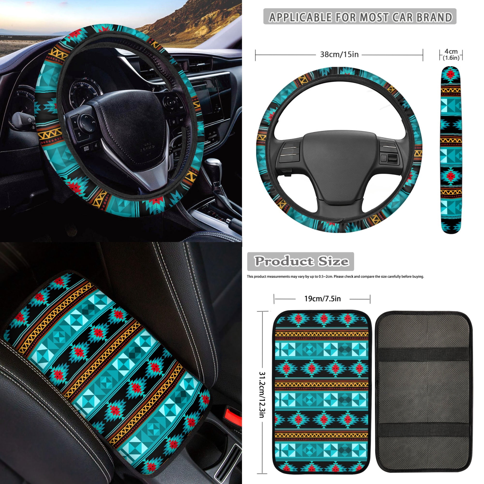 Jeiento Aztec Turquoise Car Accessories Full Set for Men, Navajo Design Automotive Vehicle Seat Cover, Decorative Car Floor Mat Steering Wheel Cover Center Console Pad Universal Fit