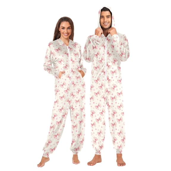 Adult Christmas Onesie Bow Pink Zipper One-Piece Pajamas Unisex with Pockets