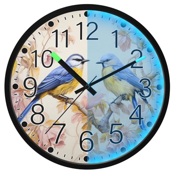 Ryvnso Birds on Flowers Branch 12 Inch Night Light Wall Clock Silent Battery Operated Luminous Clocks