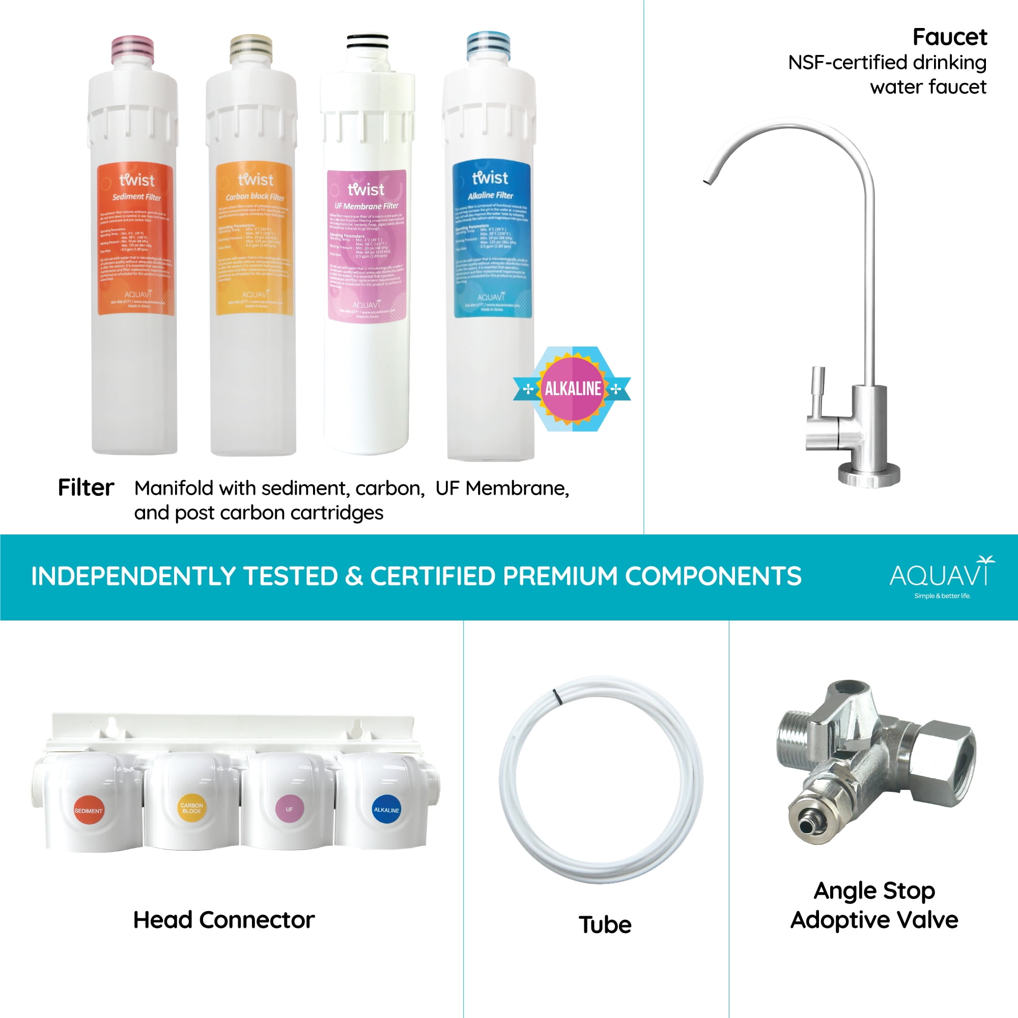 AQUAVI Twist Ultra-Filtration Alkaline Under Sink Water Filter System, 4-Stage High Capacity, Remove 99.99% Contaminants, Quick Filter Change with Brushed Nickel Faucet