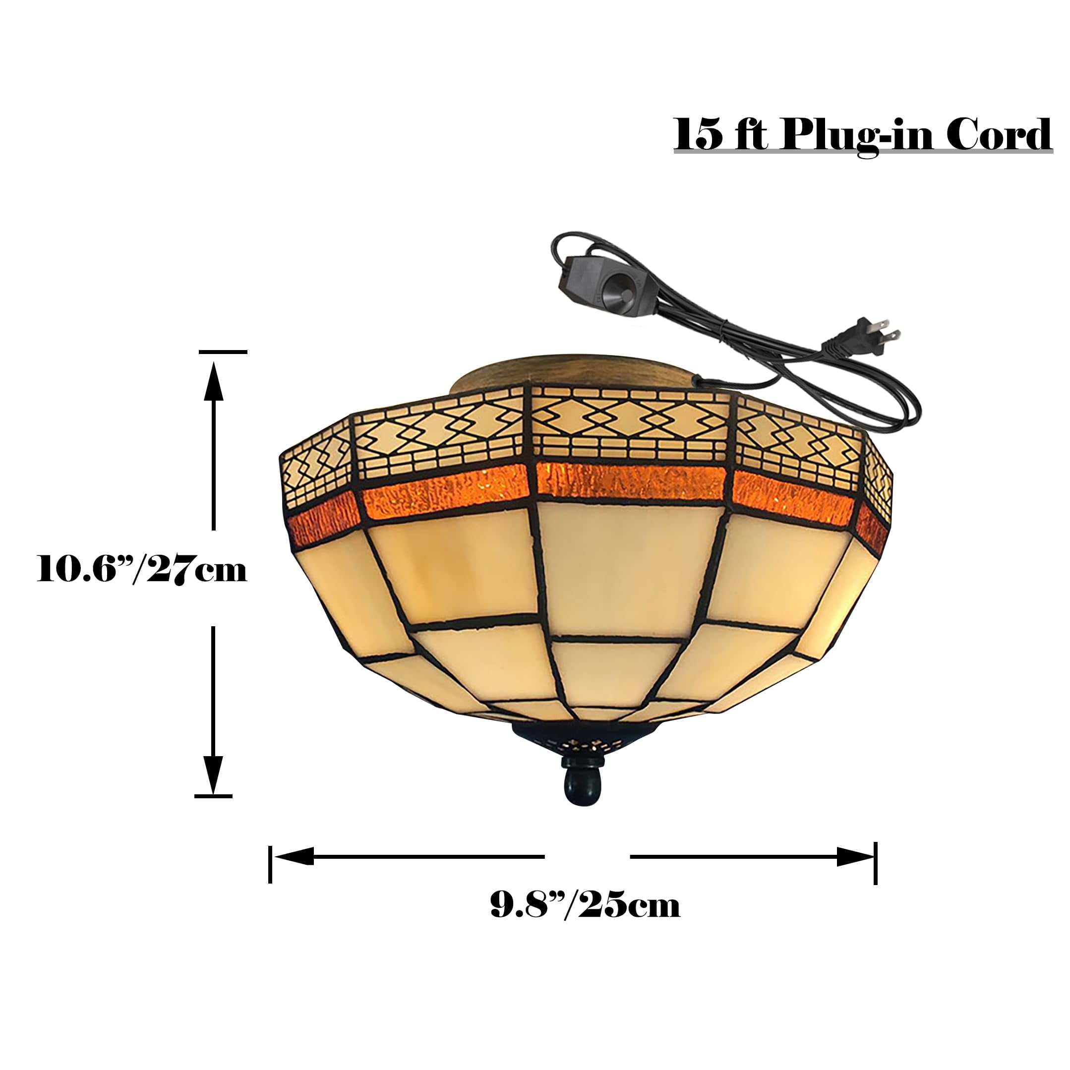 Kiven 9.84in Flush Mount Ceiling Light Fixture Dimmable, 2-Light Anti Glare Close to Ceiling Light with 15FT Plug-in Cord, Tiffany-Style Glass Chandelier for Bedroom Kitchen Hallway(No.3229)